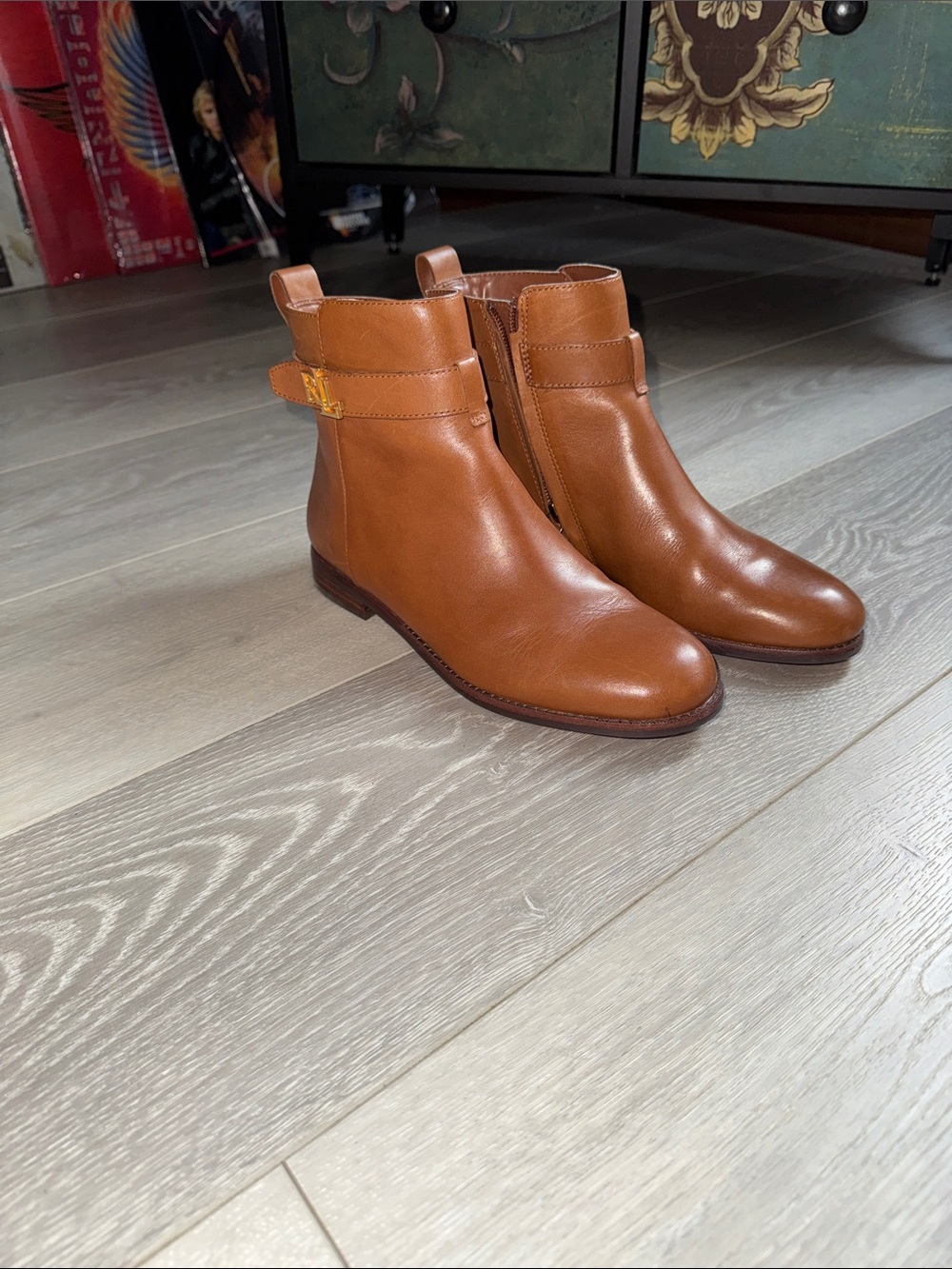 Lauren Ralph Lauren Cognac Leather Ankle Booties with Side Buckle